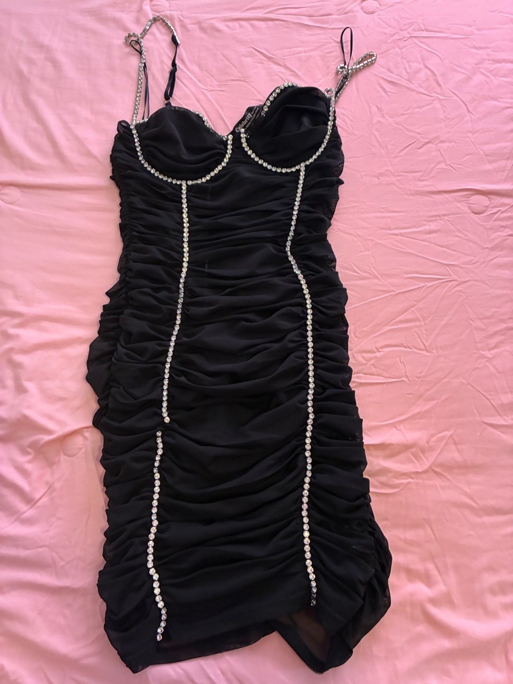 Black Ruched Mini Dress with Crystal Trim